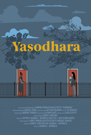 movie poster for Yasodhara showing two women standing outside apartment doors, one with a baby
